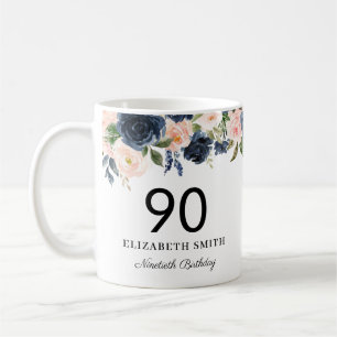 Navy Blush Floral Personalized 90th Birthday Coffee Mug