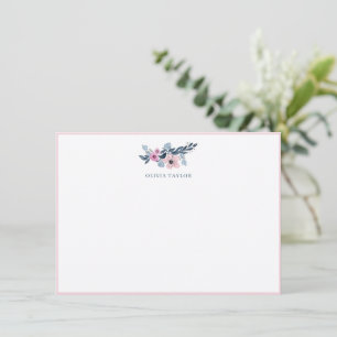 Navy Blush Floral Personalized Name Stationery Thank You Card