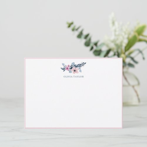 Navy Blush Floral Personalized Name Stationery Thank You Card