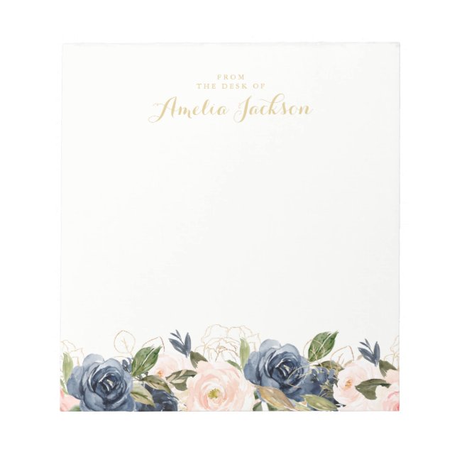Navy Blush Floral Personalized Notepad Stationery (Front)