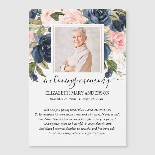Navy Blush Floral Photo Funeral Prayer Card