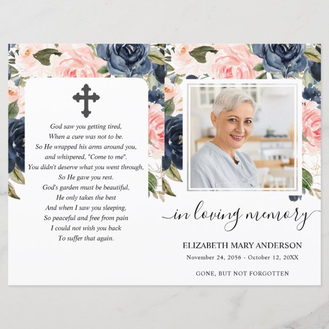 Navy Blush Floral Photo Funeral Program (Front)