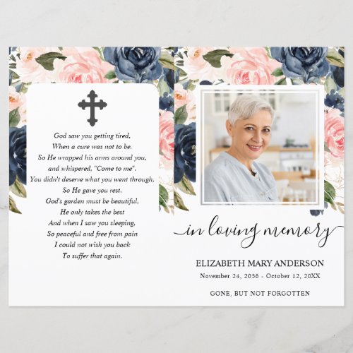 Navy Blush Floral Photo Funeral Program