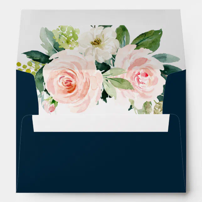 Navy Blush Floral PrePrinted Address 5x7 Envelope Zazzle
