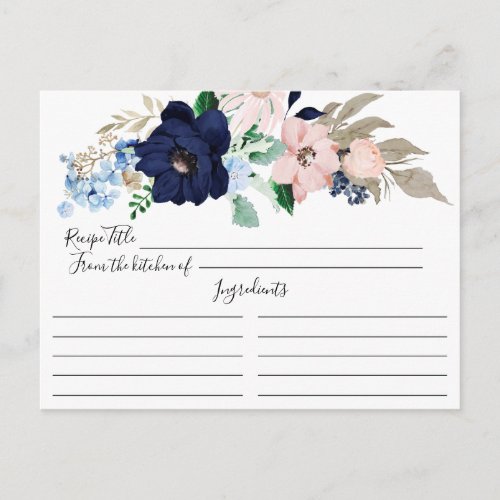 Navy  Blush Floral Recipe Card