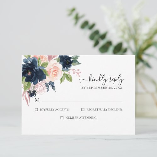 Navy  Blush Floral RSVP Invitation Card