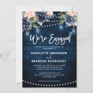 Navy Blush Floral Rustic String Light Engagement I Invitation