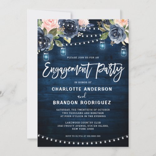 Navy Blush Floral Rustic String Light Engagement Invitation