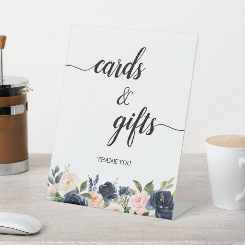 Navy Blush Floral Script Cards  Gifts Wedding Pedestal Sign