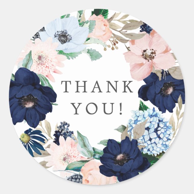 Navy & Blush Floral Shower Thank You Favor Sticker (Front)