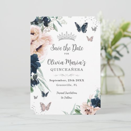 Navy Blush Floral Silver Butterflies Quinceaera  Save The Date