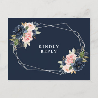 Navy & blush floral silver frame wedding RSVP Postcard