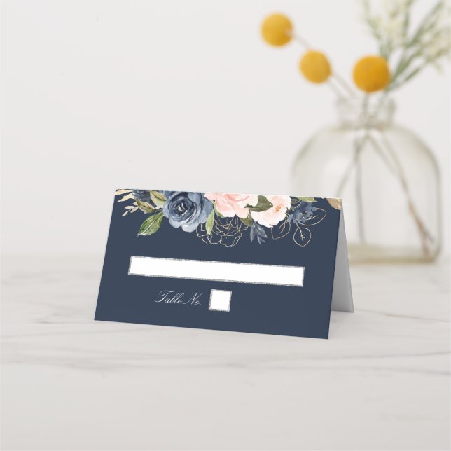 Navy & blush floral silver geometric wedding place card (Front)