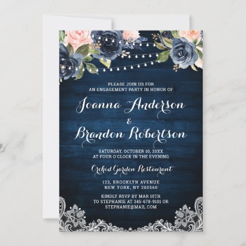 Navy Blush Floral String Light Engagement Party Invitation