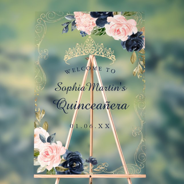 Navy Blush Floral Swirl Quinceanera Acrylic Sign (Neutral)