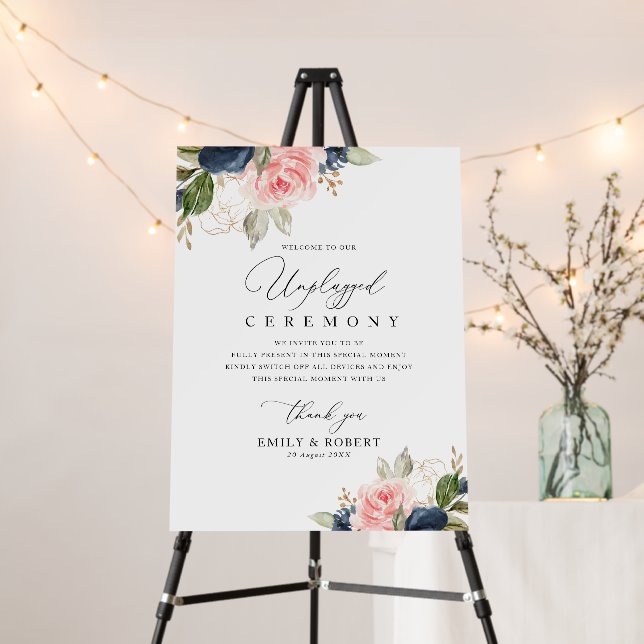 Navy blush floral unplugged ceremony sign (In Situ (Stand))