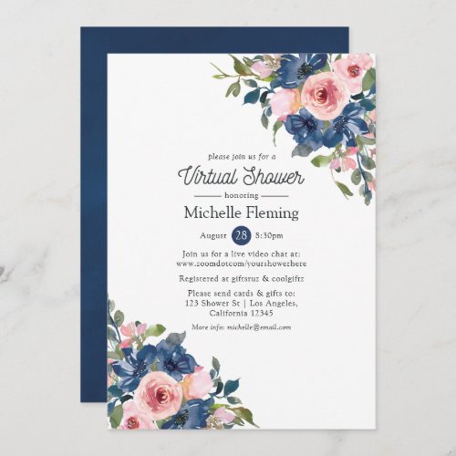 Navy  Blush Floral Virtual Baby or Bridal Shower Invitation