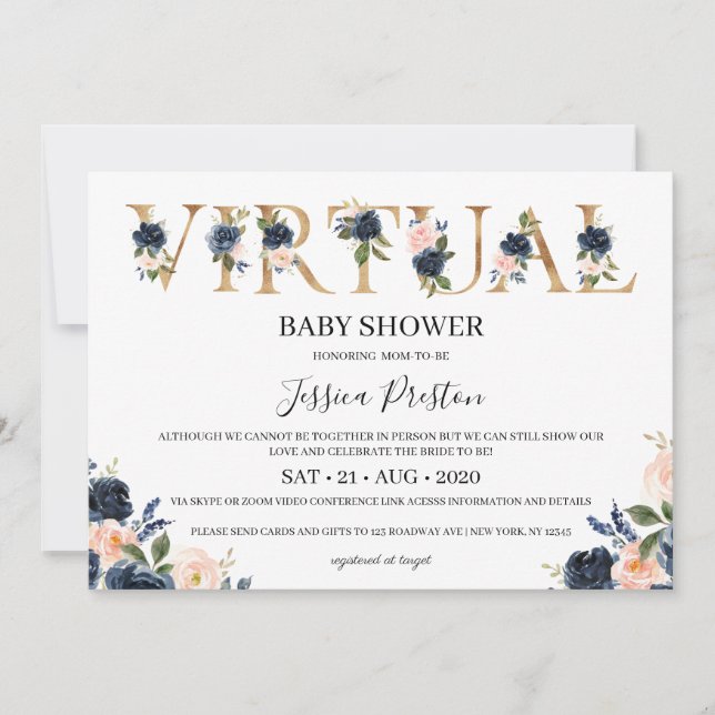 Navy Blush Floral Virtual Baby Shower Invitation (Front)