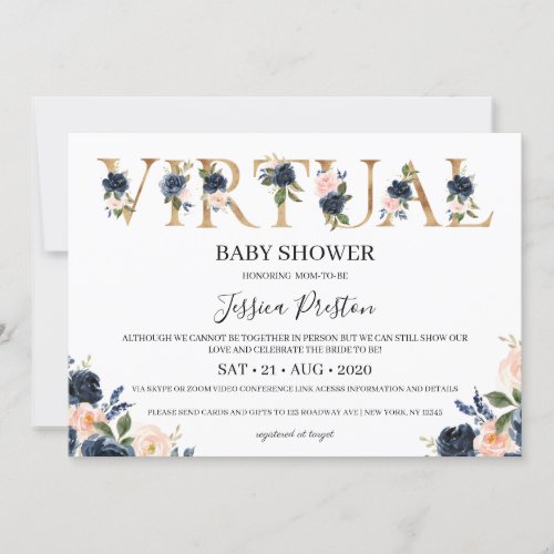 Navy Blush Floral Virtual Baby Shower Invitation