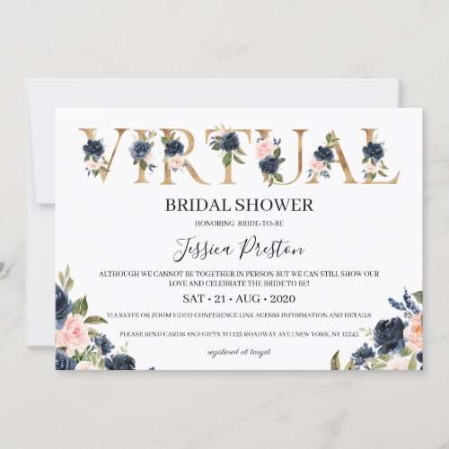 Navy Blush Floral Virtual Bridal Shower Invitation