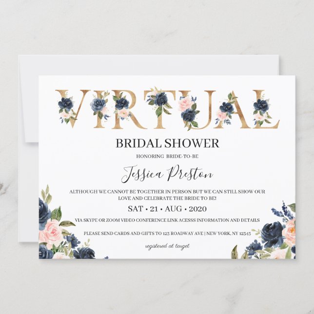 Navy Blush Floral Virtual Bridal Shower Invitation (Front)