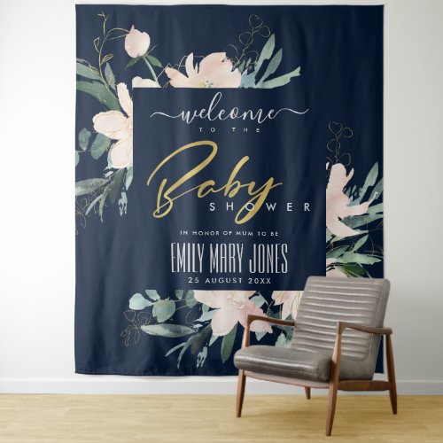 NAVY BLUSH FLORAL WATERCOLOR BABY SHOWER WELCOME TAPESTRY