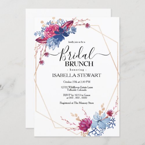 Navy Blush Floral Watercolor Bridal Brunch Invitation