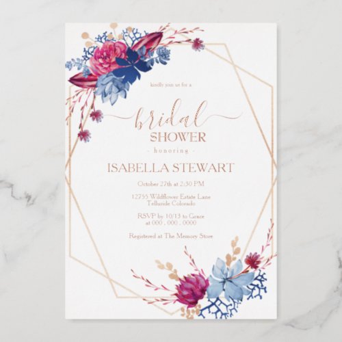 Navy Blush Floral Watercolor Bridal Shower Foil Invitation