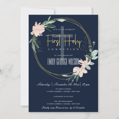 NAVY BLUSH FLORAL WATERCOLOR FIRST HOLY COMMUNION INVITATION