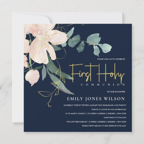 NAVY BLUSH FLORAL WATERCOLOR FIRST HOLY COMMUNION INVITATION