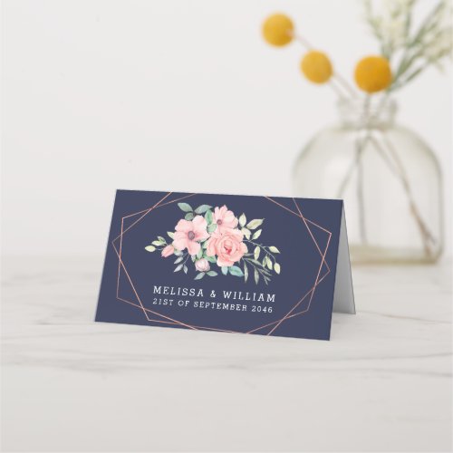 Navy Blush Floral Watercolor Geometric Wedding Place Card