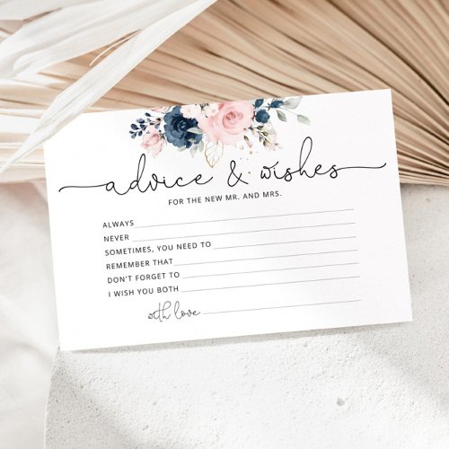 Navy blush floral wedding Advice and wishes card