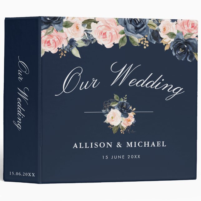 Navy & blush floral wedding album 3 ring binder (Front/Spine)