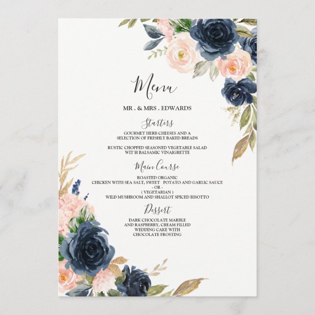 Navy & Blush Floral Wedding Engagement Quinceanera Menu (Front)