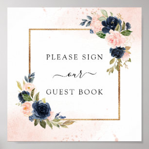 Navy Blush Floral Wedding Guest Book Square Sign