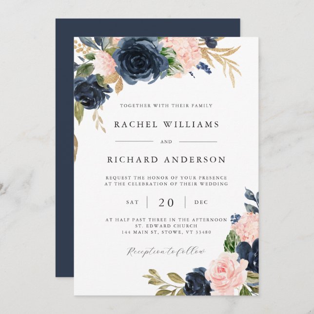 Navy Blush Floral Wedding Invitation (Front/Back)
