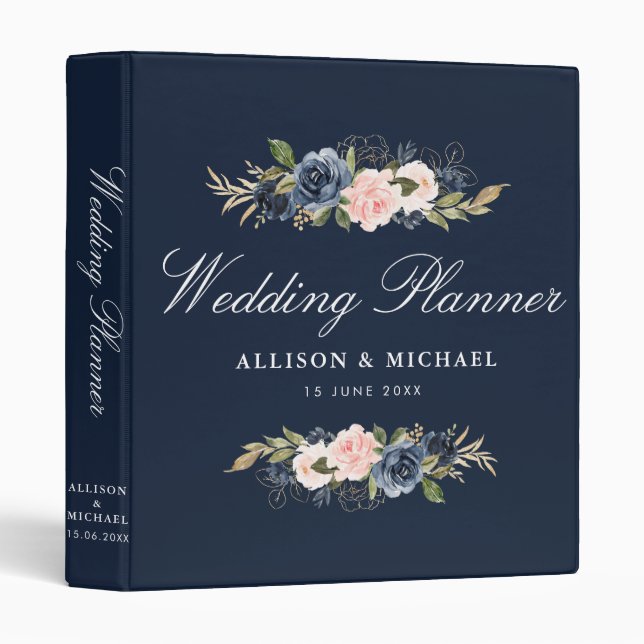 Navy & blush floral wedding planner 3 ring binder (Front/Spine)