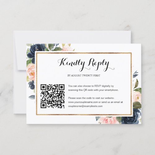 Navy Blush Floral Wedding QR Code Photo RSVP Card