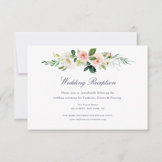 navy & blush floral wedding reception card (Front)