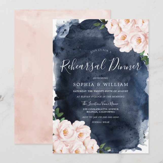 Navy & Blush Floral Wedding Rehearsal Dinner Invitation (Front/Back)