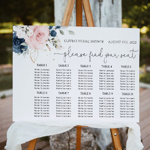 Navy blush floral wedding seating chart foam board