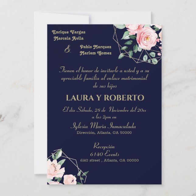 Navy Blush, Floral wedding (Spanish) Invitation (Front)