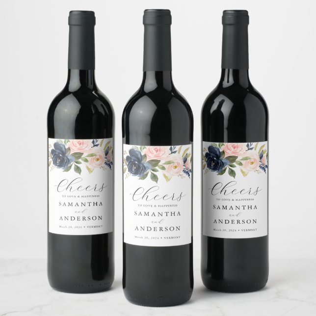 Navy Blush Floral Wedding Wine Bottle Labels (Bottles)