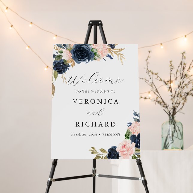 Navy Blush Floral Welcome Sign Foam Board (In Situ (Stand))