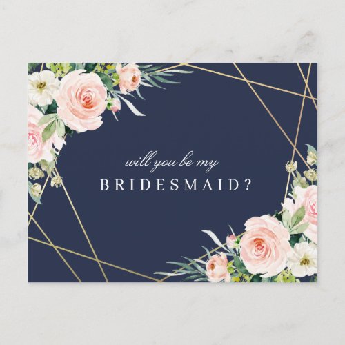 navy  blush floral will you be my bridesmaid card