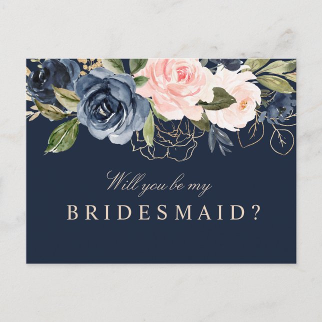 Navy blush floral will you be my bridesmaid card (Front)