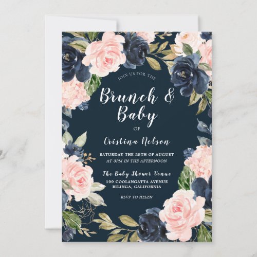 Navy  Blush Floral Wreath Baby Shower Brunch Invitation