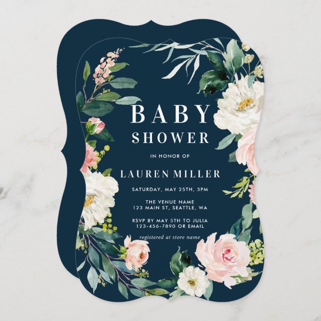 Navy Blush Floral Wreath Baby Shower Invitation (Front/Back)