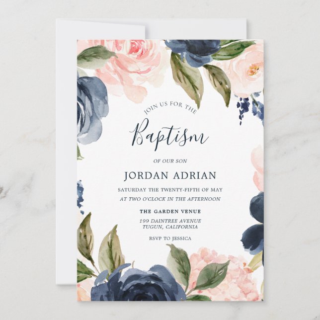 Navy & Blush Floral Wreath Boy Or Girls Baptism Invitation (Front)