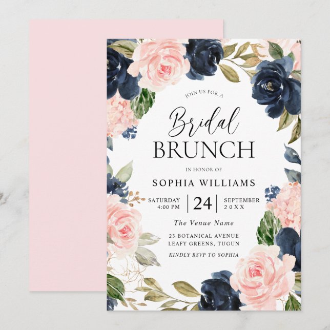 Navy Blush Floral Wreath Bridal Shower Brunch Invitation (Front/Back)